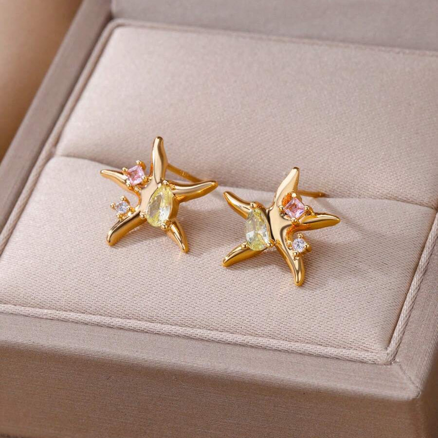 Golden Star Earrings with Zircons