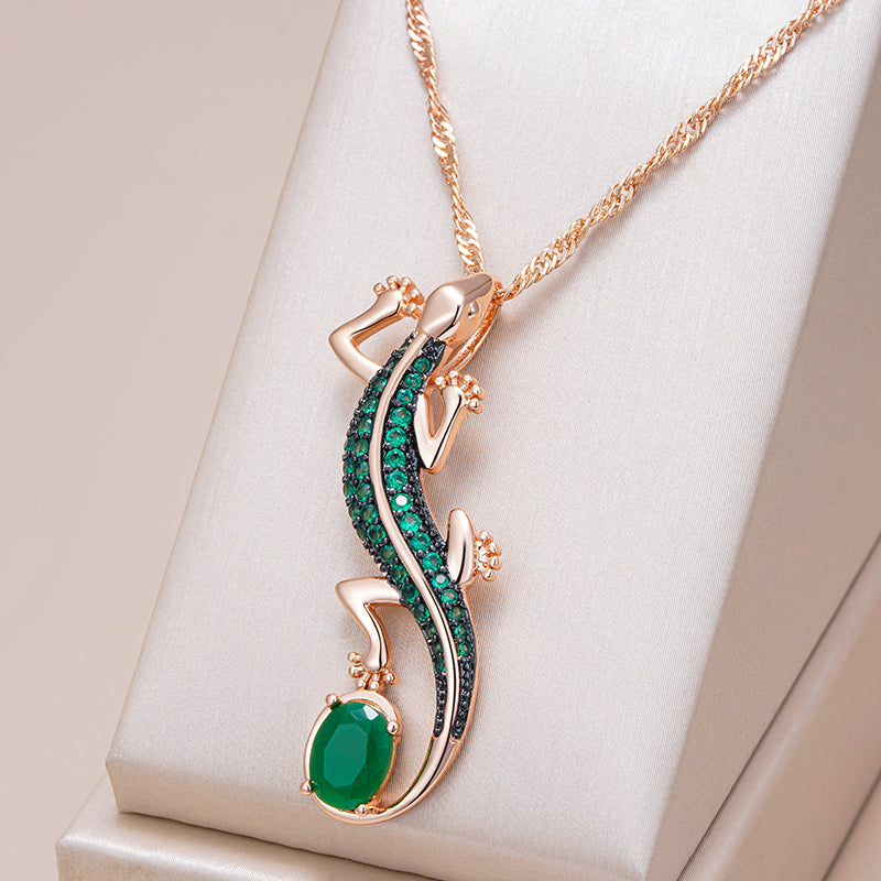 Elegant Green Zircon Lizard Rose Gold Necklace