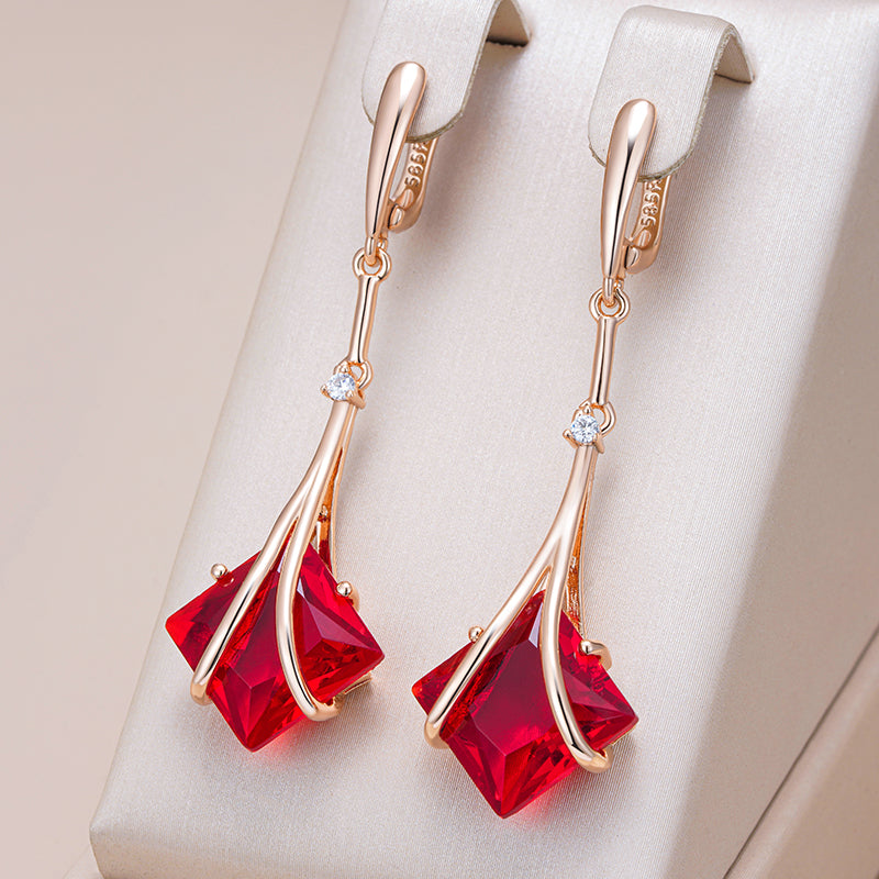 Elegant Hollow Red Crystal Gold Earrings