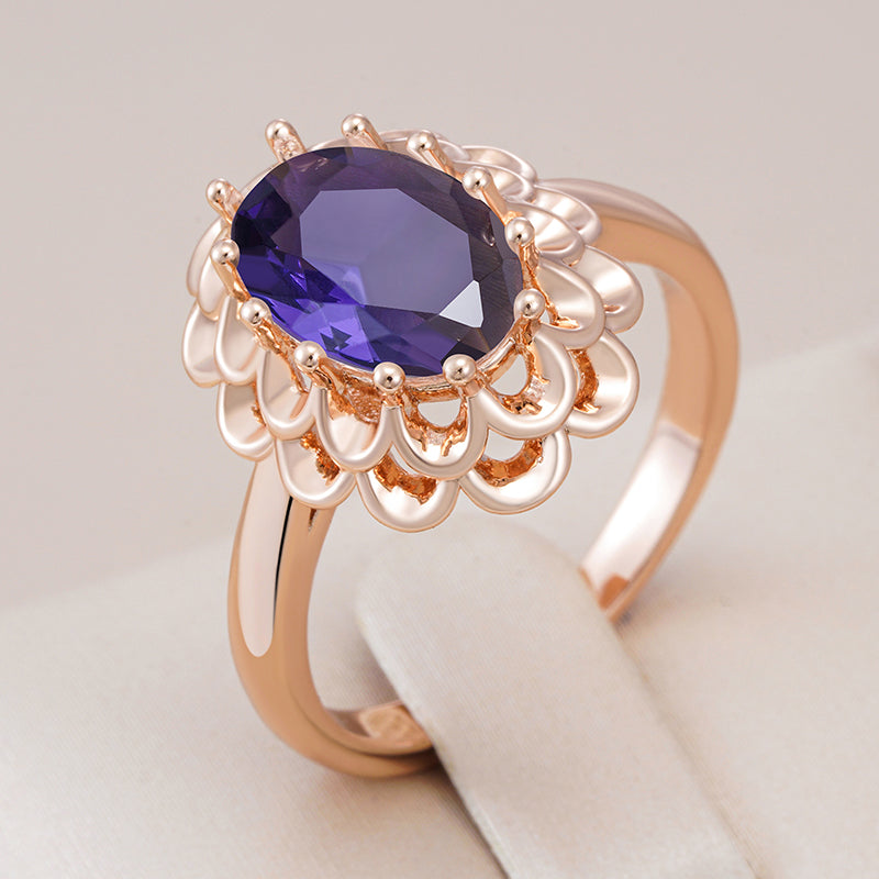 Elegant Oval Crystal Flower Gold Ring