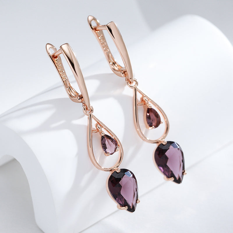 Elegant Purple Waterdrop Crystal Golden Earrings