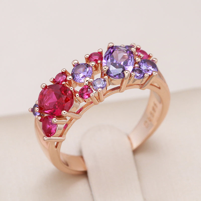 Elegant Pink and Purple Crystal Gold Ring