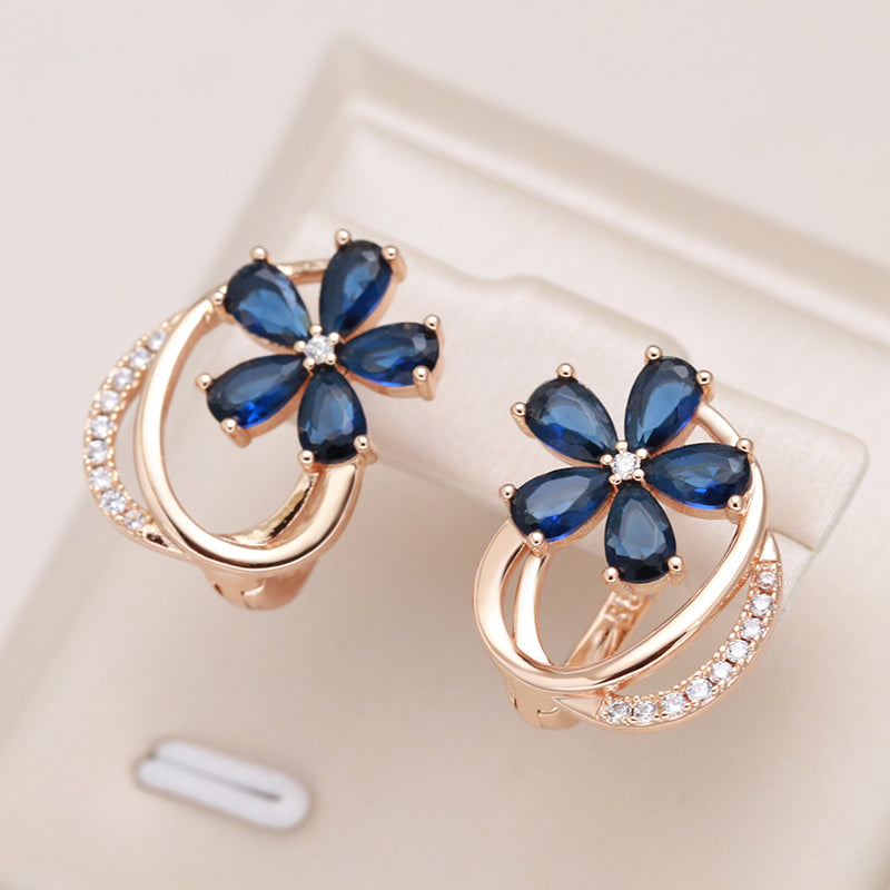 Elegant Blue Crystal Flower Gold Earrings