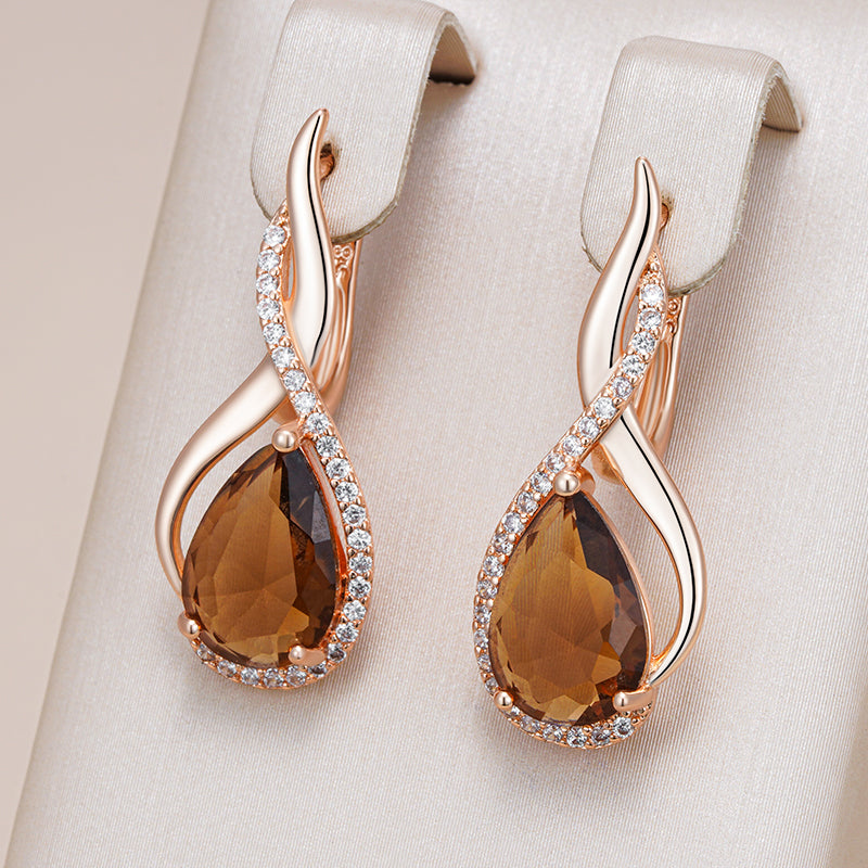 Elegant Brown Waterdrop Earrings in Gold