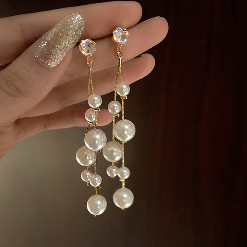 Zirconia and Pearl Tassel Earrings