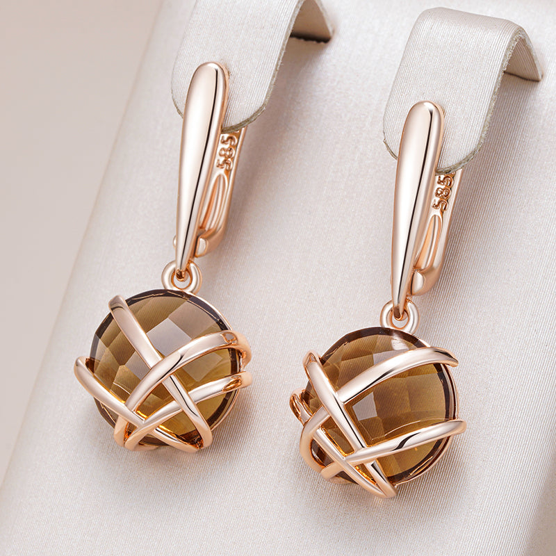 Elegant Brown Crystal Hollow Drop Earrings in Rose Gold