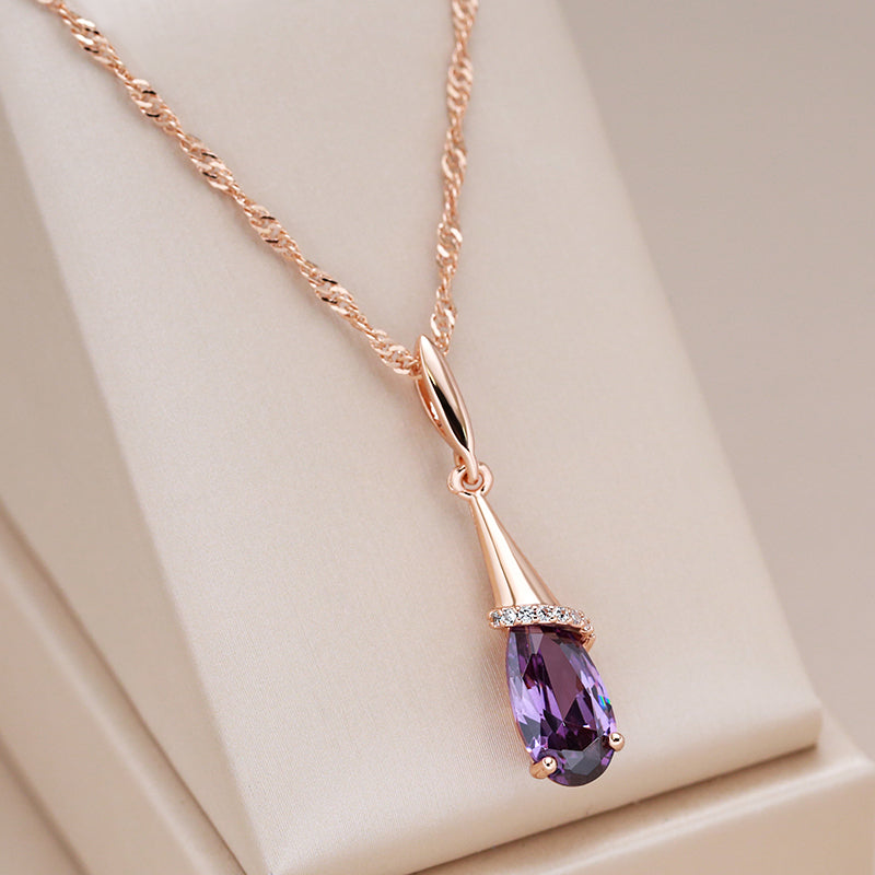 Elegant Purple Waterdrop Crystal Gold Necklace