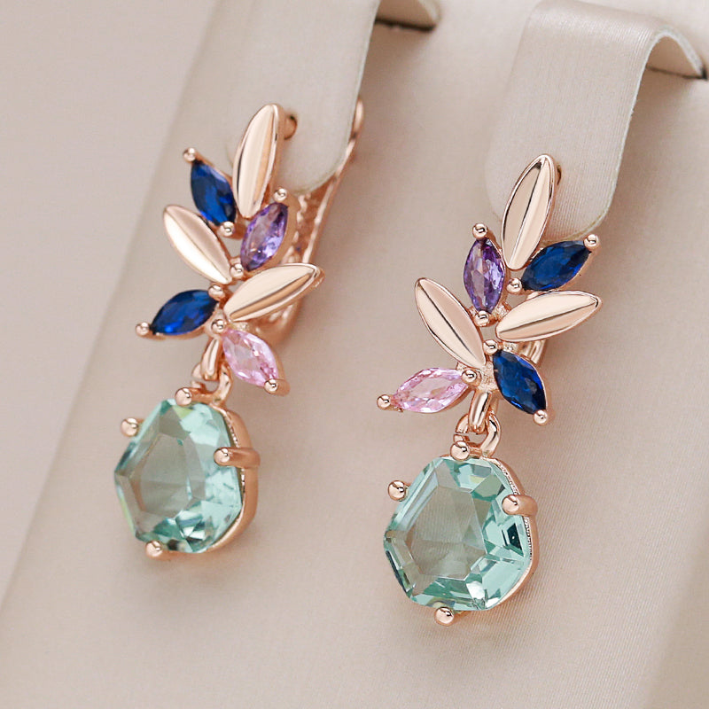 Elegant Green Crystal Floral Drop Earrings in Gold